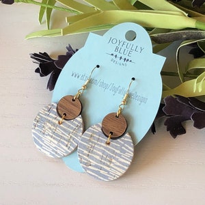 Lakeshore Blue Cork and Wood Dangle Earrings, Patterned Cork backed by smooth tan Genuine Cowhide with Wood accent piece