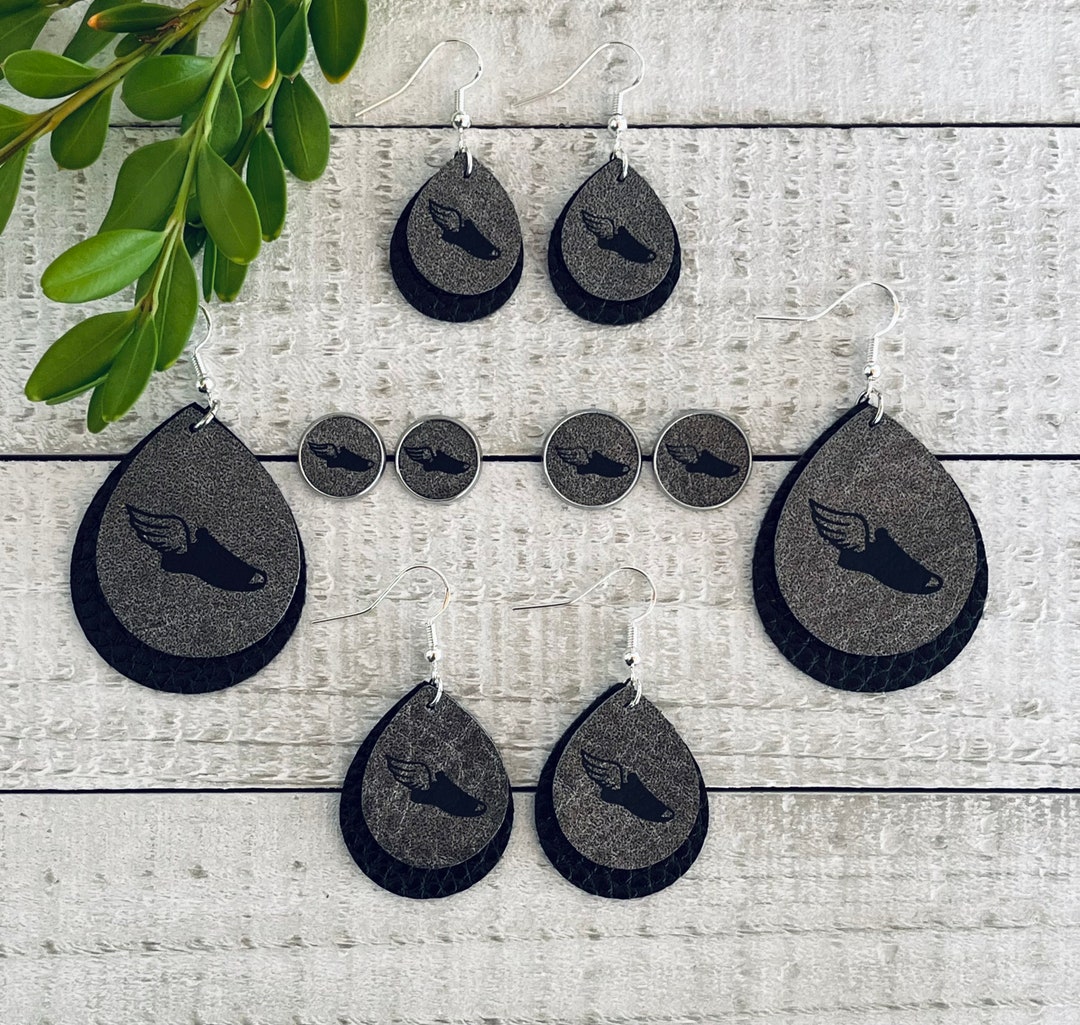 Track and Field Earrings, Dangles or Studs Faux Leather Material, Runner Earrings, Cross Country