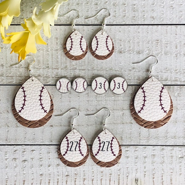 Baseball Earrings - can be personalized/customized! Baseball Mom, Baseball Gift, Coach - Layered Faux Leather Dangle or Stud Earrings