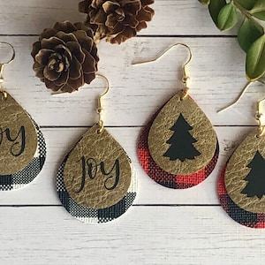 Joy and Christmas Tree Earrings layered with Buffalo Plaid, Holiday Layered Faux Leather Earrings, Red, White, Black Gold Colors