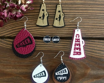 Cheer Earrings - Layered Faux Leather Layered Dangle Earrings, Teardrop or Megaphone Shape, or Studs.  Customize Colors and personalize!