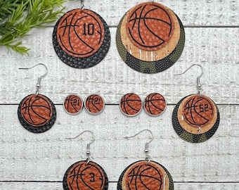 Basketball Earrings - Faux Leather Dangle Earrings or Studs, Double or Triple Layer- can be customized with team colors, player number, etc!