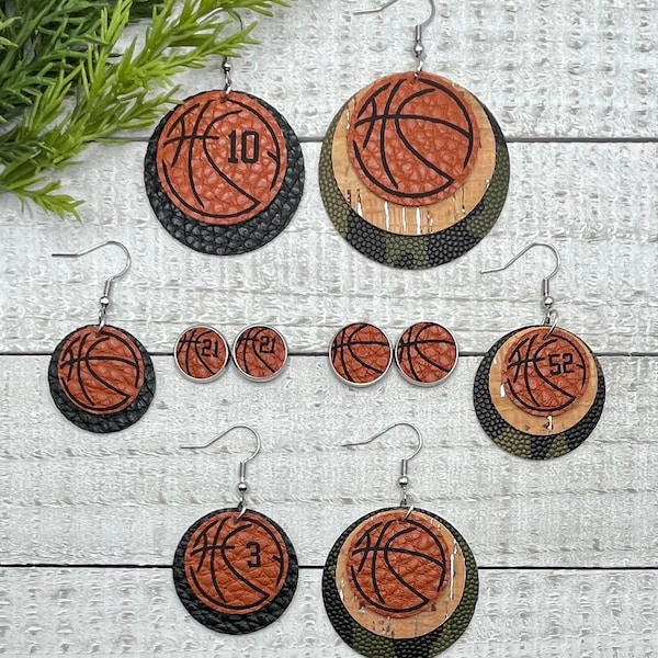 Basketball Earrings - Faux Leather Dangle Earrings or Studs, Double or Triple Layer- can be customized with team colors, player number, etc!