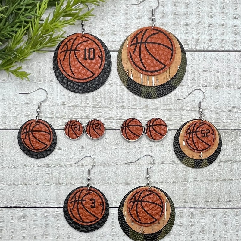 ❤️Buy 2 FREE SHIPPING❤️Basketball Earrings - Faux Leather Dangle Earrings or Studs, Double or Triple Layer- can be customized with team colors, player number, etc!