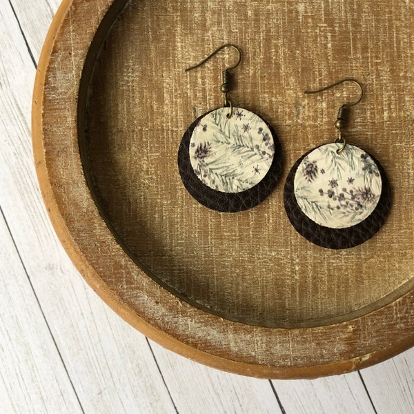 Pine Cone Patterned Cork, Double Layer Round Dangle Earrings, Dark Brown Pebbled Faux Leather or Antique Gold Back Layer