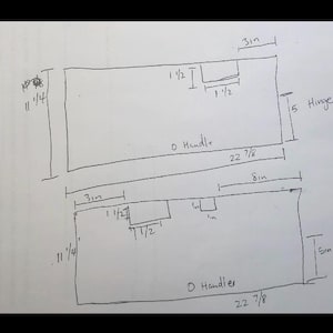 May include: Hand-drawn diagram of two rectangular shapes with dimensions labeled in inches. The top rectangle is 22 7/8 inches long and 11 1/4 inches high, with a 3-inch section and a 1 1/2-inch section. The bottom rectangle is similar.