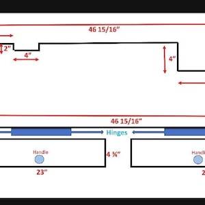 May include: Diagram of a rectangular object with dimensions labeled in inches. The total height is 11 12/16 inches, with a width of 46 15/16 inches. It includes two rectangular sections, each 23 inches wide, with handles and hinges.