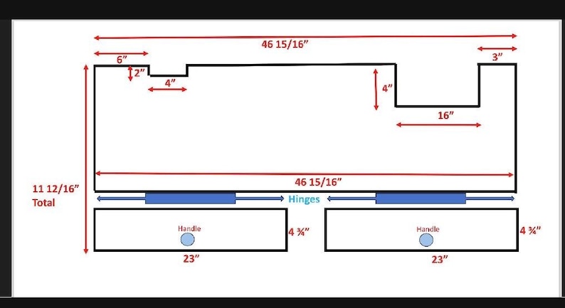 May include: Diagram of a rectangular object with dimensions labeled in inches. The total height is 11 12/16 inches, with a width of 46 15/16 inches. It includes two rectangular sections, each 23 inches wide, with handles and hinges.