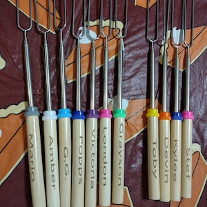 Personalized s&#39;mores roasting sticks, hot dog roasting sticks, engraved camping gift, marshmallow sticks