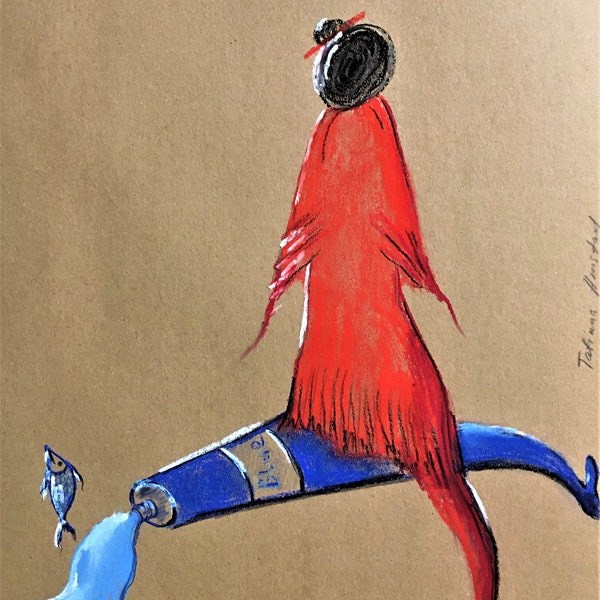 Die Frau im roten Kleid. Surrealistische Bild. Malerei mit Pastellkreiden. Pastell auf Papier, 40 x30 / 15.7 x 11.8 Zoll
