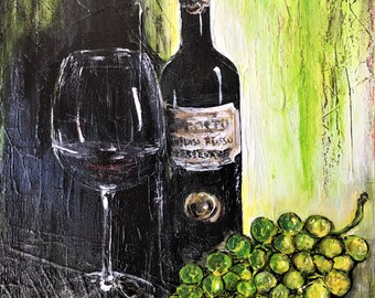 Wine bottle painting. Wine and grapes. Still life. Wine decor. Oil painting on canvas, 40 x30 x 2 cm / 15.7 x 11.8 x 0.7 inches