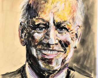 Portrait de Joe Biden. Peinture originale. Pastels à l'huile sur papier, 42 x 29,7 cm / 16,5 x 11,7 pouces.