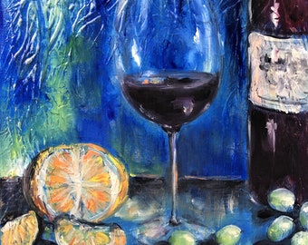 Wine painting wine bottle fruit still life wine decor original oil painting on canvas 40 x30 x 2 cm / 15.7 x 11.8 x 0.7 inches