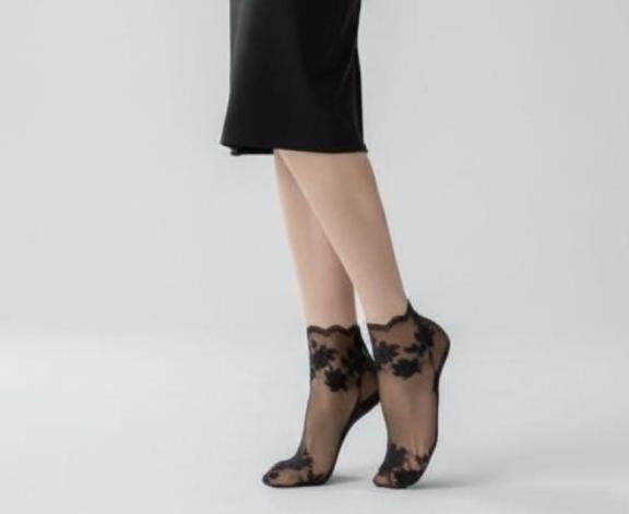 Fishnet Lace Trim Socks - Sheer Transparent Tulle Dress Socks, Elastic Lingerie Socks for Women, See-Through Mesh Net Socks