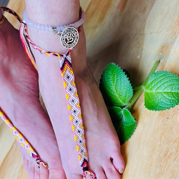 Barefoot sandal, Braided Cotton Barefoot sandals with Charm Anklet, Boho sandals, Yoga Bottomless shoes, Beach Foot Jewelry, Bridesmaid gift