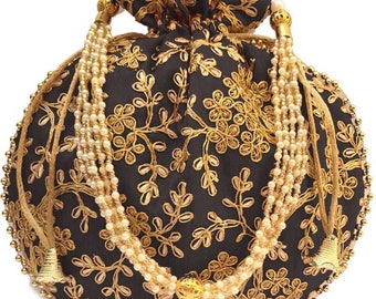 Indian Handmade Ethnic Potli Bag Black and Gold Color Designer Silk Flower Embroidered Pearl Handle Purse Women’s Handbag Wedding Gifts