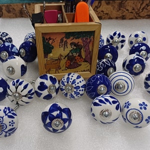 Blue & White Ceramic Door Knobs: Kitchen Cabinet Hardware Set