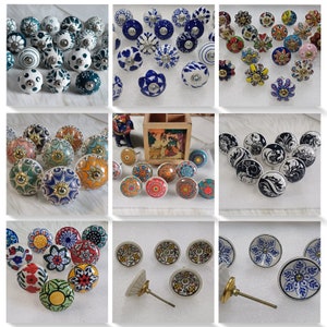 May include: Assortment of colorful ceramic knobs with various patterns and designs. The knobs are round and have a flat back. They are perfect for adding a touch of personality to furniture or cabinets.
