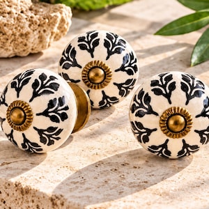 Black Ivory Floral Ceramic Cabinet Knobs with Antique Brass Metal Fittings, Vintage Decorative Drawer Pulls Boho Furniture Hardware