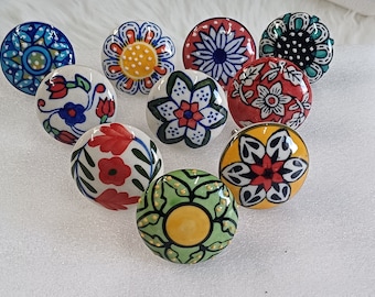 セラミックキャビネットノブセット：手描きの花柄デザイン、10個セット