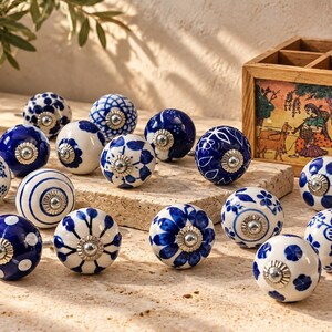 Blue & White Ceramic Door Knobs: Kitchen Cabinet Hardware Set