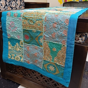 Indian Embroidered Patchwork Cotton Dinning Table Runner Decoration Turquoise Table Cloth Table Top Centrepiece wedding & home party 16x60in