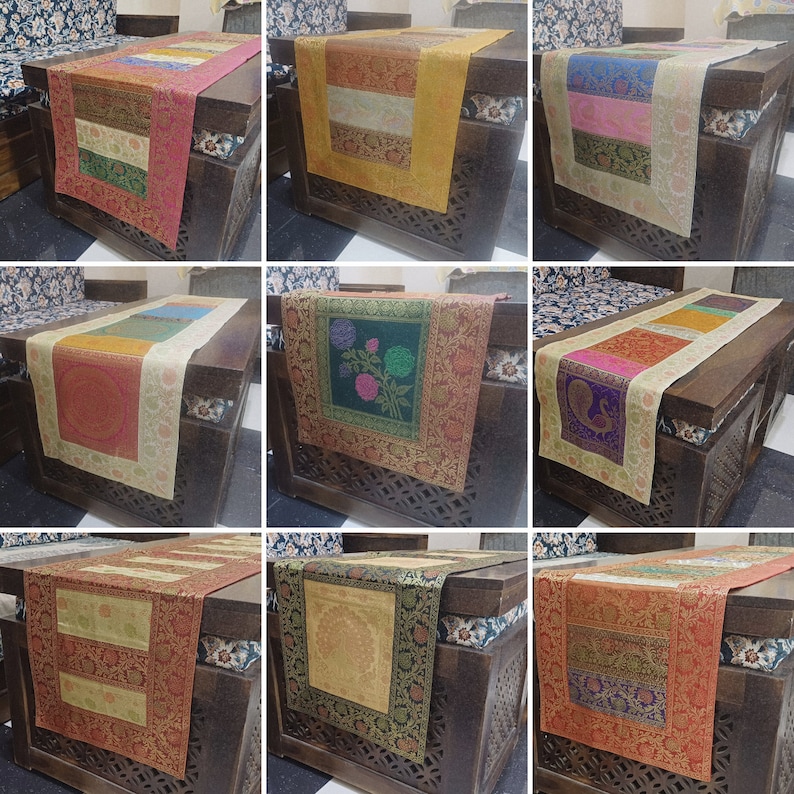 May include: Nine different table runners with various patterns and colors. The table runners are made of fabric and have a variety of designs, including floral, paisley, and geometric patterns. The table runners are all on wooden tables.