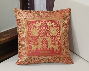 Set of 5 Pc Red Elephant Indian Silk Cushion Cover: 16x16 Sofa Pillow