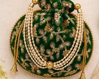 Forest Green Velvet Potli Bag with Pearl Beads, Gold Embroidery, Indian Bridal Purse, Wedding Clutch, Ethnic Drawstring Gift Bag