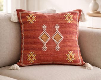 Red Moroccan Pillow Cover Set (50x50 cm) - Cotton Sabra with Tassels, Boho Décor