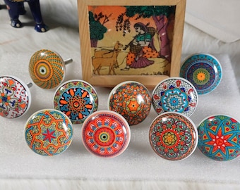 Handmade Multi Colour Mandala Ceramic Knobs - Cabinet Set of 10