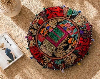 Boho Patchwork Black Round Floor Pillow Cover, Embroidered Cotton Meditation Cushion with Tassels