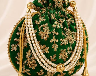 Green Velvet Potli Bag, Gold Embroidery, Pearl Beads, Indian Wedding Clutch