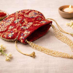 May include: A red embroidered pouch with a beaded handle. The pouch is decorated with floral patterns in blue, green, and gold. A small candle in a wooden bowl and white flowers are also in the image.