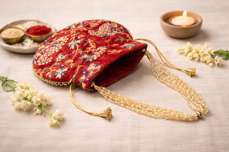 May include: A red embroidered pouch with a beaded handle. The pouch is decorated with floral patterns in blue, green, and gold. A small candle in a wooden bowl and white flowers are also in the image.