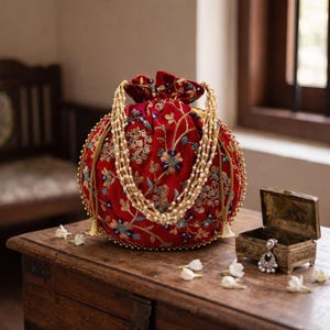 May include: A red velvet drawstring bag with intricate floral embroidery in gold, blue, and green. The bag features a beaded handle and is displayed on a wooden surface. A small, open antique jewelry box is next to the bag.