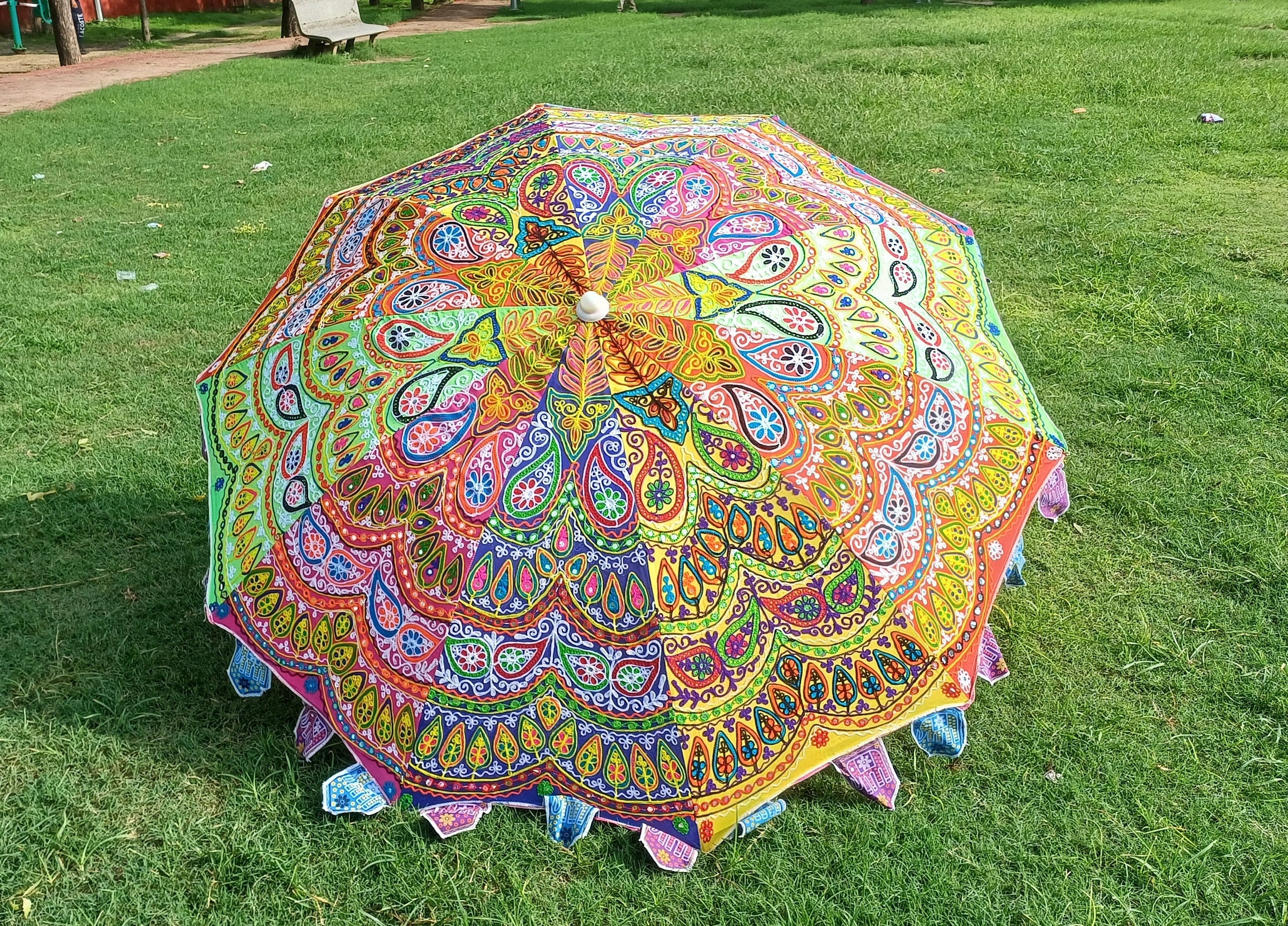 72  Indien Grand Jardin Parapluie Brodé Soie Patio Extérieur Soleil Parasol Art