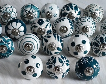 Green & White Ceramic Door Knobs: Hand-Painted Cabinet Hardware Set