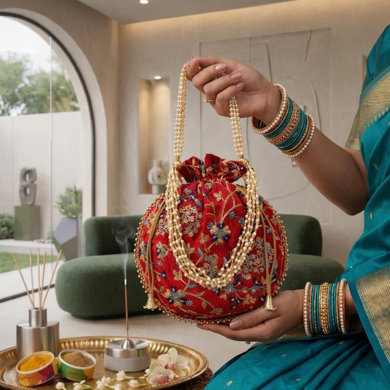 May include: A red embroidered drawstring bag with a pearl handle and floral design. The bag is held by a person wearing teal bangles and a teal sari. A gold tray with incense and spices is in the foreground.