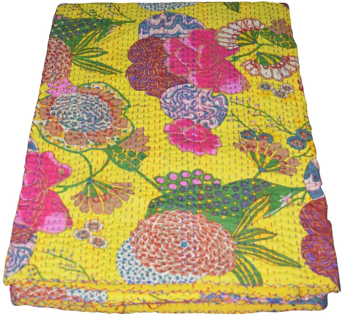 Indian Handmade Quilt Vintage Fruit Kantha Bedspread Throw Blanket Cotton Gudri 