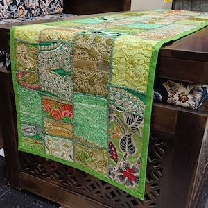Green Patchwork Cotton Table Runner: Embroidered Dining Table Centerpiece (16x60in)