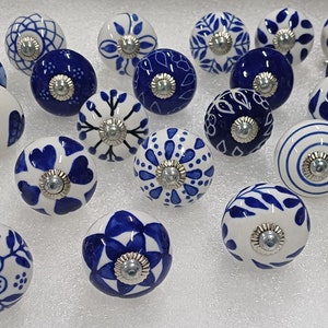 Blue & White Ceramic Knobs: Wardrobe Cabinet Handles - Set of 25