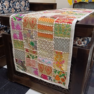 White Patchwork Cotton Dinning Table Runner Embroidered Decoration Multi Colour Table Cloth Table Centrepiece wedding & party 16x60in