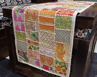 Patchwork Cotton Table Runner: Embroidered Dining Table Centerpiece (16x60in)