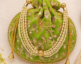 Parrot Green Velvet Potli Bag, Gold Embroidery, Pearl Beads, Indian Bridal Clutch