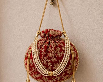 Red Cotton Potli Bag, Embroidered Pearl Drawstring Purse, Indian Wedding Clutch