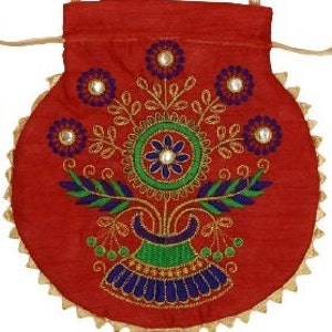 Indian Handmade Green Peacock Embordered Gota Patti  Potli Bag Designer Silk Pearl Handle Purse Women’s Handbag for Wedding Gifts