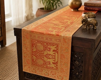 Indian Elephant Table Runner: Orange Traditional Cloth (16x60 In)