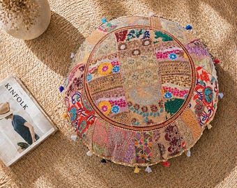 Boho Patchwork Beige Runder Bodenkissenbezug, Besticktes Baumwollmeditationskissen mit Quasten