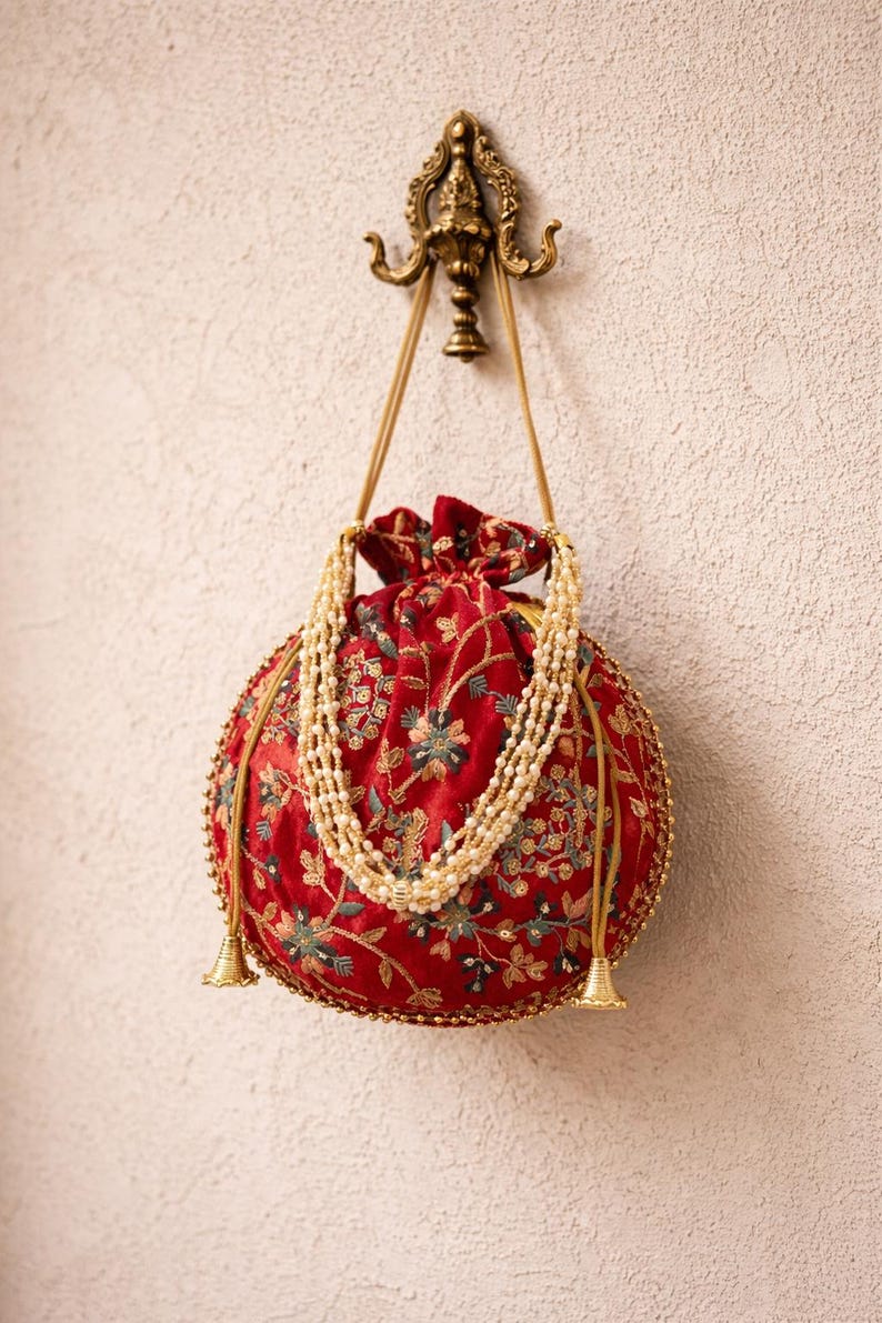 May include: A round, red velvet bag with intricate floral embroidery in gold, green, and blue. The bag features a drawstring closure and is adorned with a pearl necklace. Gold tassels hang from the bottom, and the bag is suspended from a decorative gold hook.